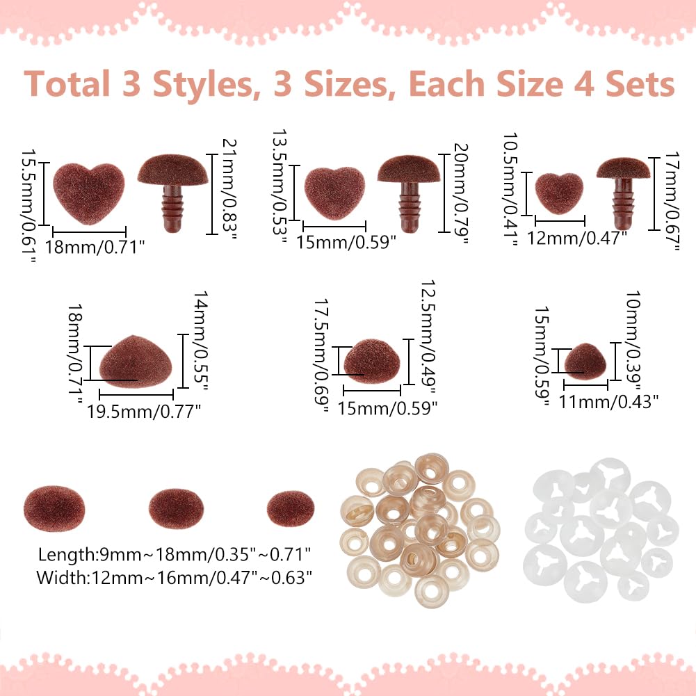 PH PandaHall 36 Sets Flocking Safety Noses 3 Styles Brown Amigurumi Noses Heart Velvet Noses Crafts Stuffed Crochet Animal Noses with Washers for DIY Sewing Crafting Puppets Bear Plush Animal Crochet - Image 2