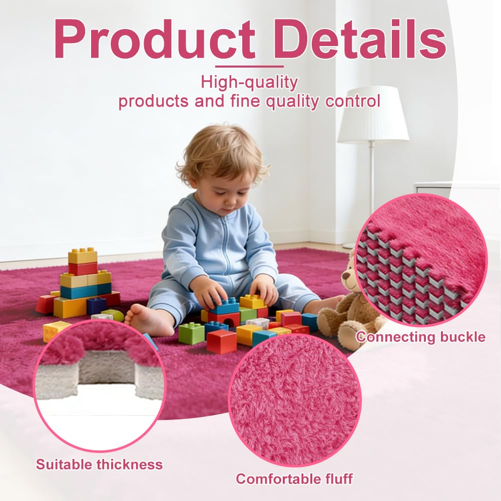 Rosa Puzles de espuma de peluche entrelazados, 12 piezas, 30 x 30 cm, alfombra de espuma para el suelo, suaves losetas para el dormitorio y la sala de estar