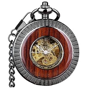 VIGOROSO Men’s Hand-Wind Mechanical Pocket Watch Vintage Steampunk Wood Grain Hollow Design with Chain and Box