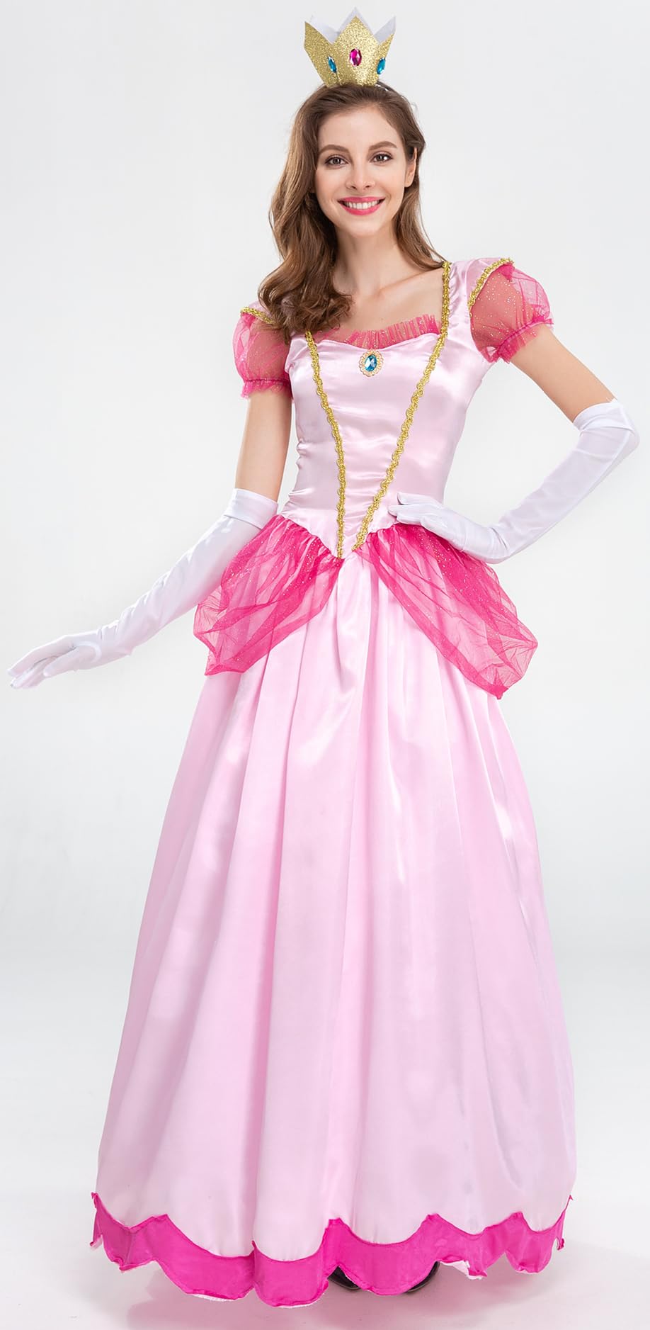 YOGLY Prinzessin Peach Kostüm Für Mädchen – Mit Krone & Schmuck, Rosa Kleid Für Cosplay & Partys