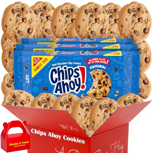 Cookies Snack Gift Box | Chips Ahoy Tasty Chewy - Real Chocolate Chip & Milk Chocolate Individually Wrapped - Holiday Birthday Party Christmas 3 Pound Bulk Box Plus Muchai Treat Bag
