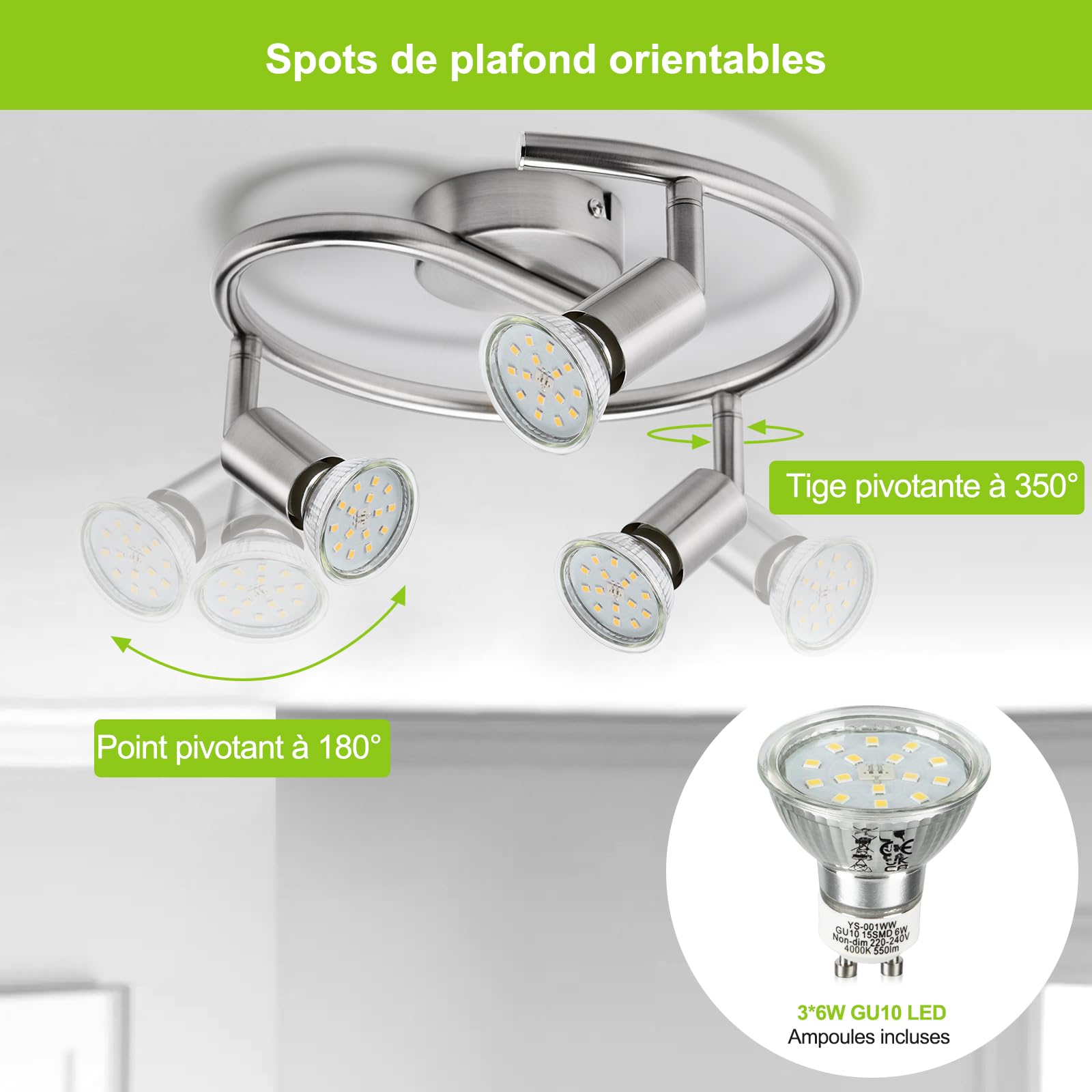 Bojim Plafonnier LED 3 Spot, Luminaire Plafond Lustre Orientable GU10 Light, Lampe Eclairage de Cuisine Applique, Ampoules Blanc Neutre Incl 3 x 6W, pour Interieur Salle Manger Salon Bain, Nickel Mat