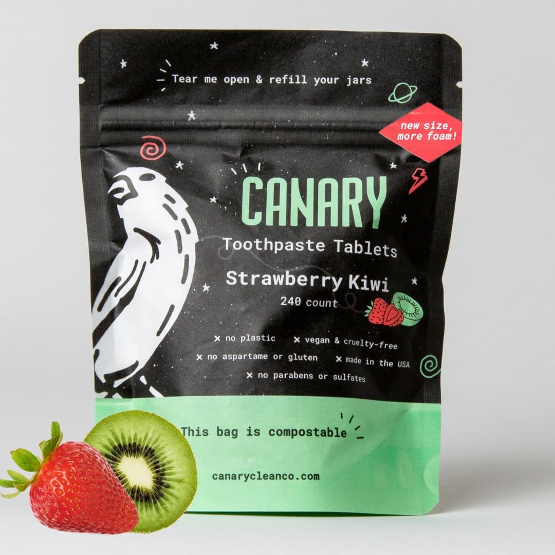 Canary Nano Hydroxyapatite Toothpaste Tablets Strawberry Kiwi – Remineralizing, Fluoride Free, All Natural Tabs with Xylitol – Great for Kids, Plastic Free – 240 Count