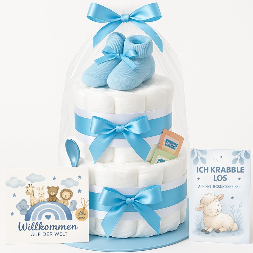 Torta di pannolini da ragazzo a 2 piani in blu con calzini, regalo per nascita per mamma, battesimo o baby shower, idea regalo con pannolini neonati, biglietto di auguri incluso
