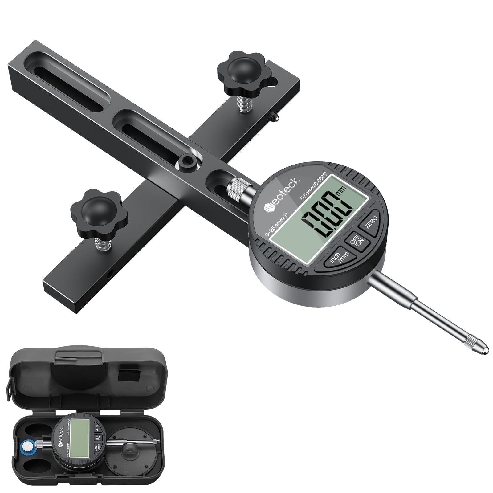 Neoteck 0-1'' Digital Dial Indicator Table Saw Gauge Suitable for Table Saws with a Groove Width of 3/4" (19mm) or More for Aligning and Calibrating Work,Shop Machinery,Band Saw and Drill Press-Black