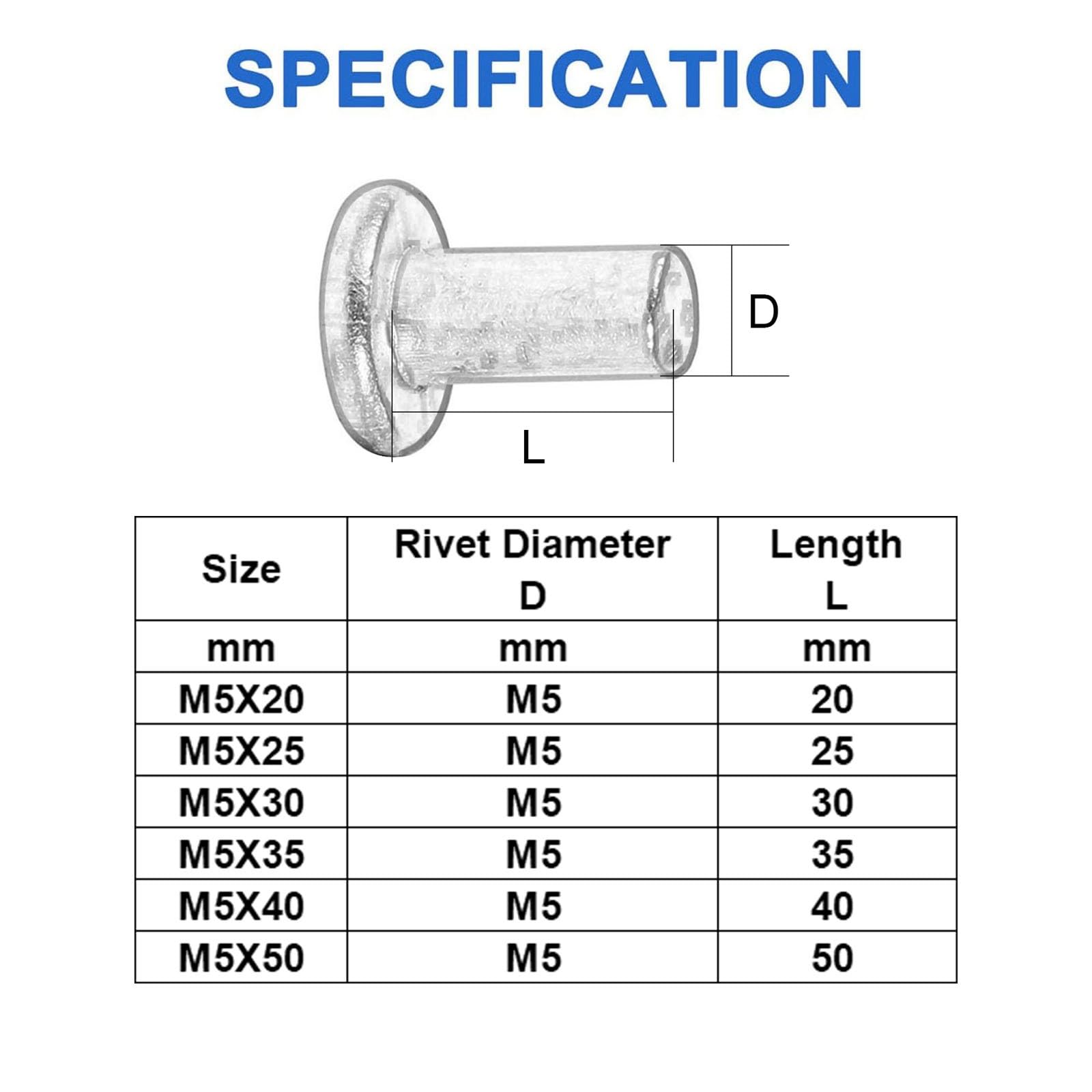 100 Pezzi Rivetti Solidi a Testa Piatta, Alluminio M5 Tondi Rivetti Solidi Tondi per Fai da te, Mobili, Plastica, Legno, Vetro, Gomma(M5X25mm)