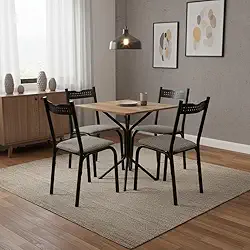 Mesa de Aço Quadrada com 4 Cadeiras de Jantar Pequena Preta - Preto e Carvalho
