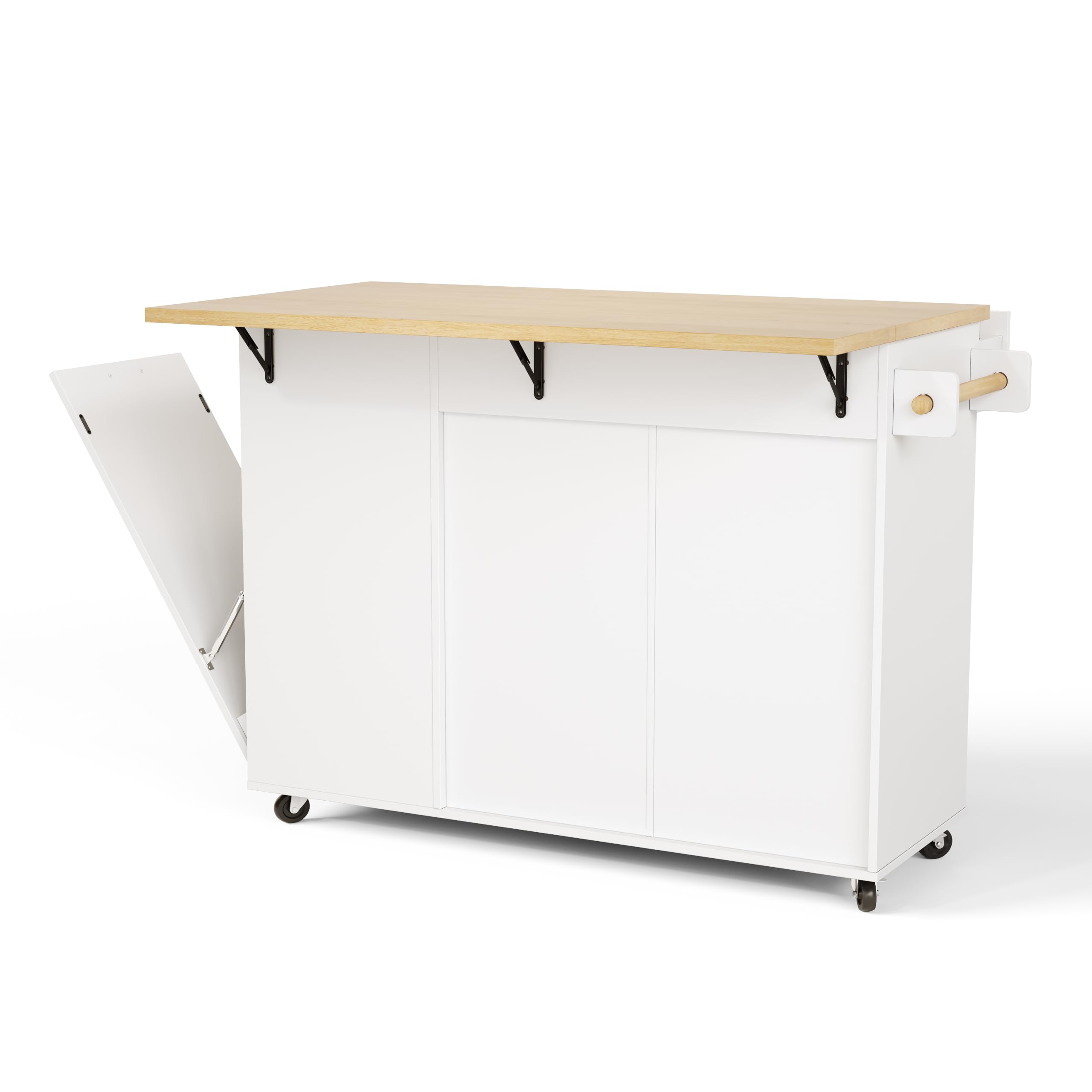 Kücheninsel mit Klappbare Arbeitsplatte(45–70 cm), Hochglanz Küchenschrank mit Mülleimerschrank und Ablage über der Tür, Küchenkommode mit Feststellbare Rollen, für Esszimmer/Küchen