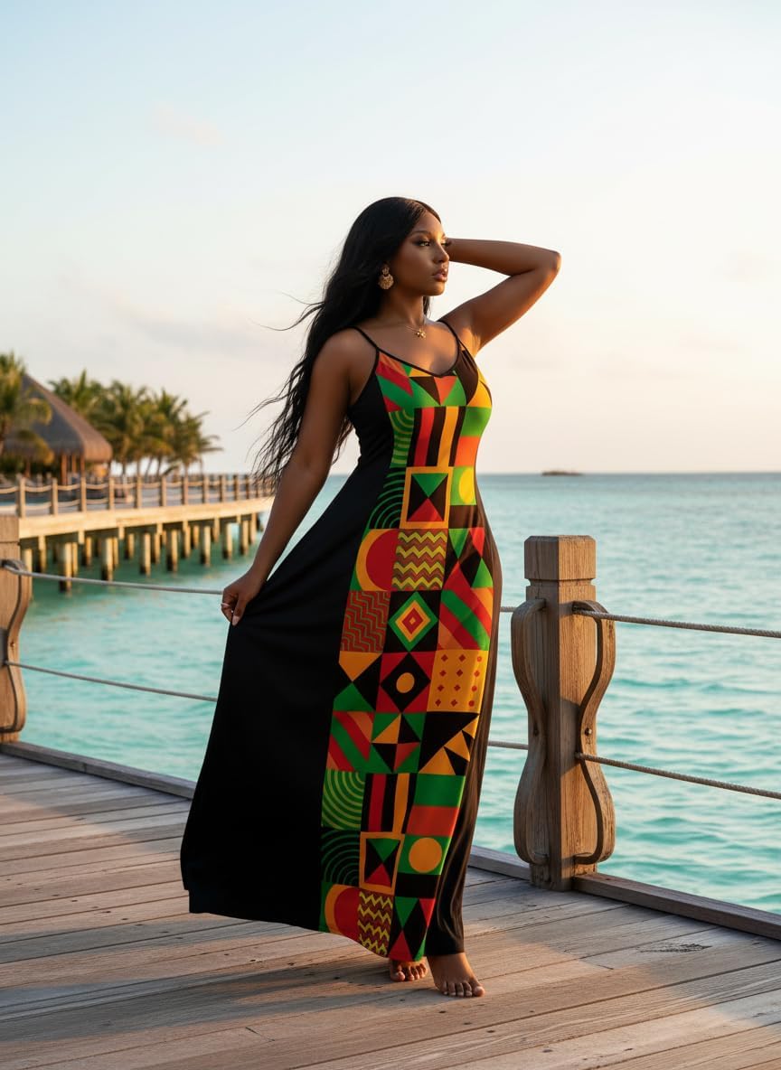 FANDEE Women’s Sundresses – Sleeveless Maxi Dress with Pockets, Adjustable Spaghetti Straps Long Summer Dress for Vacation