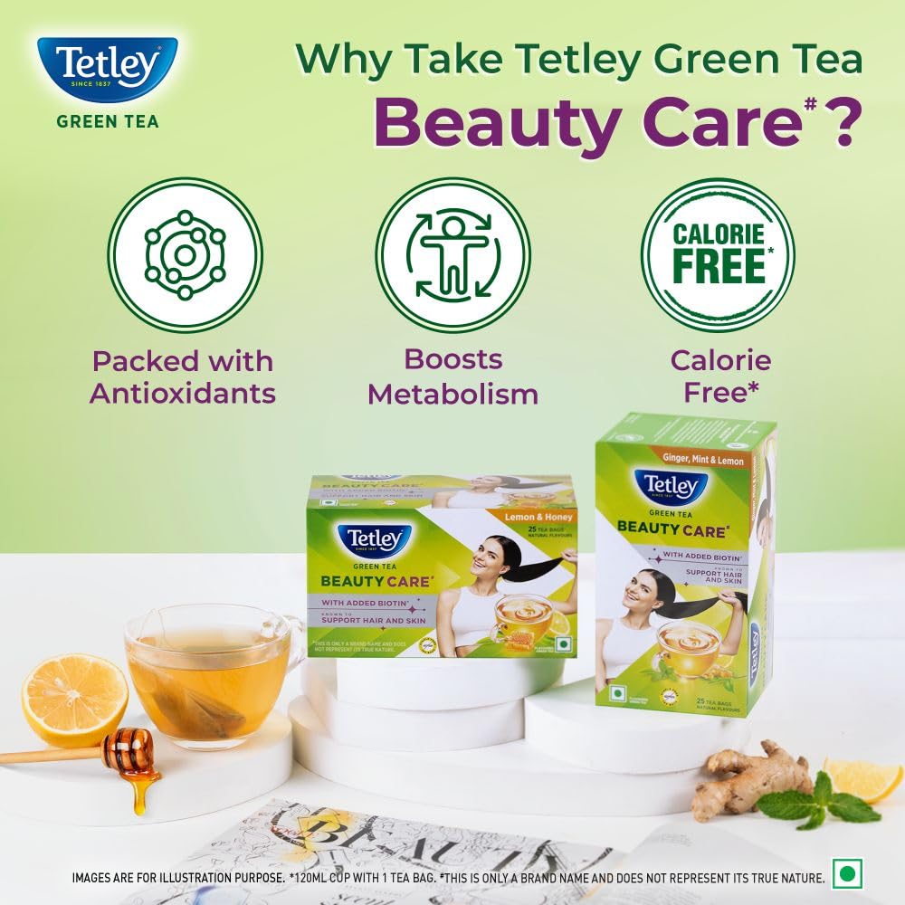 Tetley Green Tea Beauty Care, With Added Biotin, Supports Hair and Skin, 0 Calories, Natural Ginger, Mint and Lemon Flavors, 25 Sachets (1.7 g each) 3