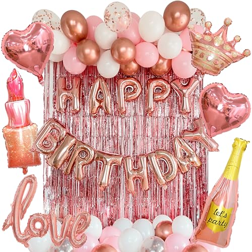 VIDAL CRAFTS 71-Piece Rose Gold Birthday Decorations - Party Backdrop with Latex, Foil & Confetti Balloons, Happy Birthday Banner & Rose Gold Foil Fringe Curtains [UPGRADED]