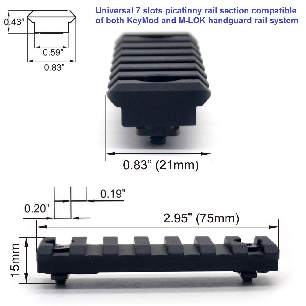 Trirock Universal 7 Slots Picatinny Rail Section KeyMod M-LOK Black