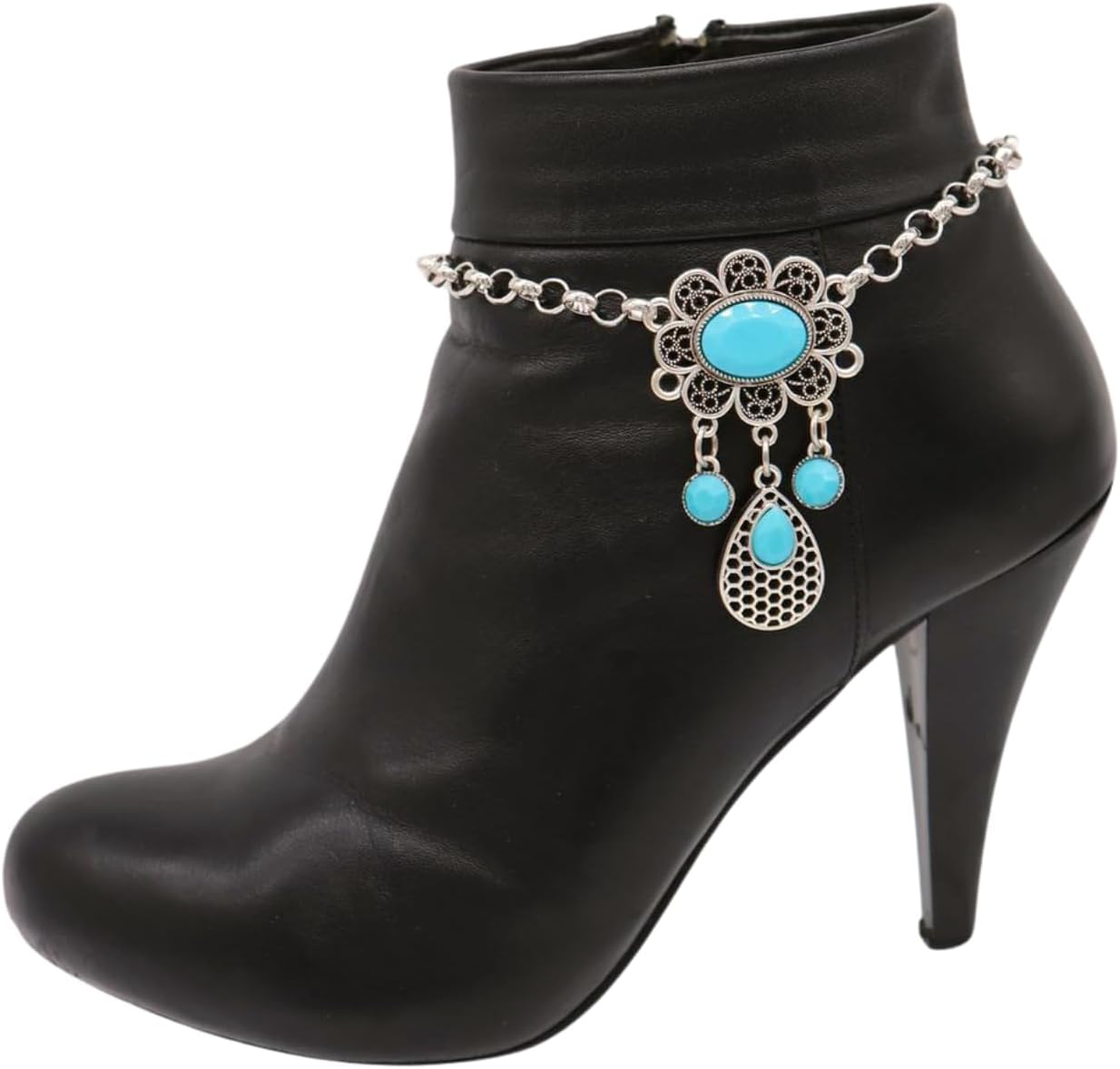 Trendy Fashion Jewelry Women 2PCS Boot Bracelet Western Silver Metal Chain Shoe Turquoise Blue Beads Flower Charm Anklet Handmade In USA BC290