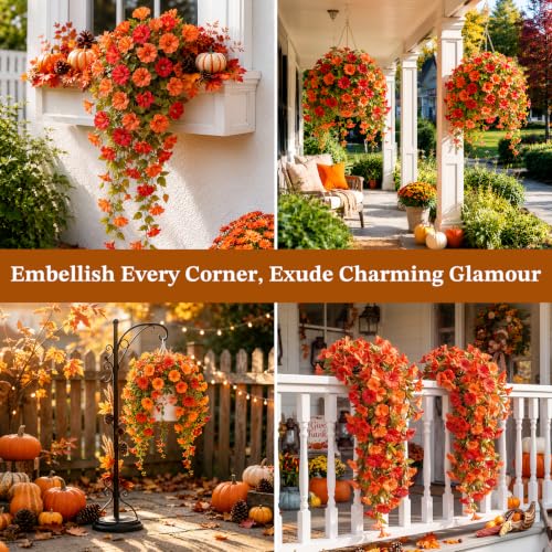 Image of Lewondr Artificial Fall Hanging Flowers UV Resistant Silk Petunias, Orange | Morning Glory, No Watering Needed, Fade Proof, for Porch Patio Balcony Yard Baskets, Autumn Decorations, Indoor Outdoor Use