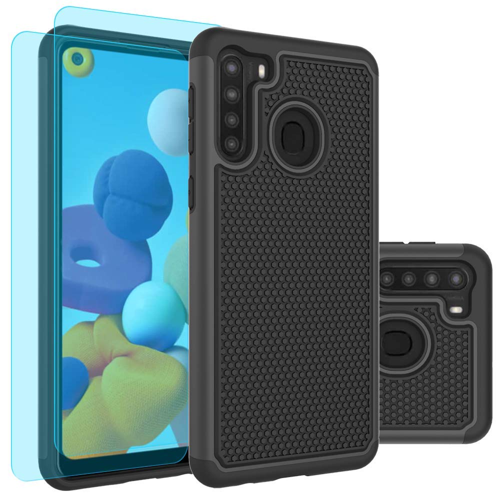 Huness Case for Samsung Galaxy A21 Case + HD Screen Protector Durable Armor and Resilient Shock Absorption Defender Case (Black)
