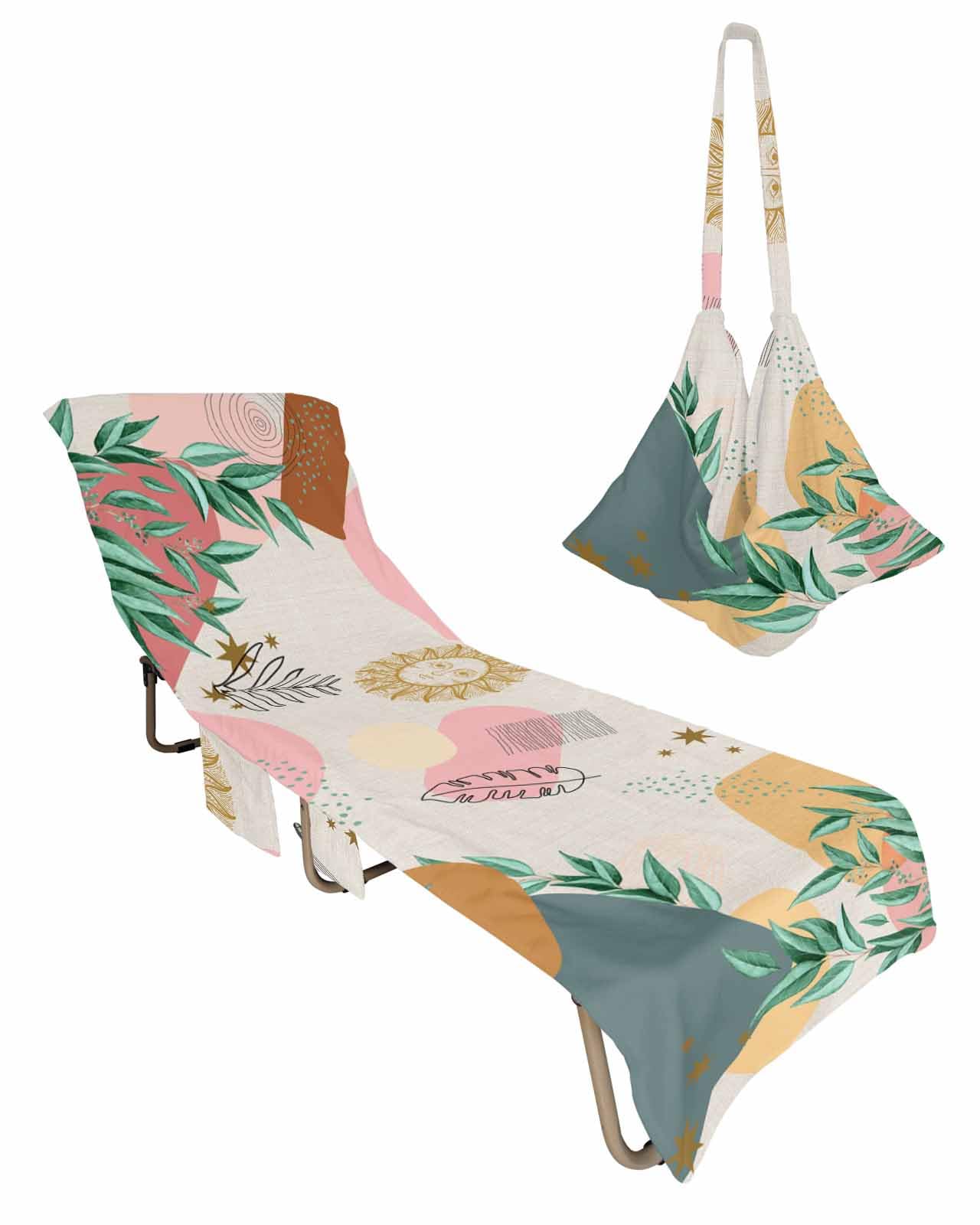 Boho Geometric Beach Lounge Chair Towel Cover, Soft Chaise Lounge Towel with Side Pockets Patio Pool Chairs Cover for Beach/Pool Sunbathing 29x85 Summer Botanical Modern Abstract Art