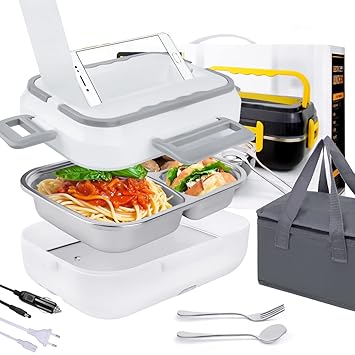 Electric Lunch Boxs for Office Men Women, Food Heater Lunch Tiffin Box, 1.5L 12V 24V 110V Leak Proof Food Warmer Heating Lunch Stainless Steel Bento Box for Car and Home with Fork Spoon