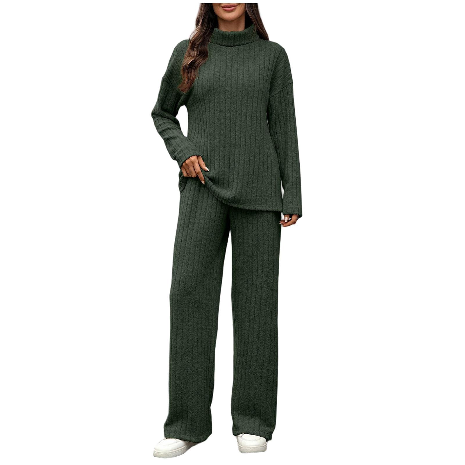 Womens 2 Piece Workout Pajama Sets Ribbed Knit Long Sleeve Tunic Tops Matching Pants Casual Fall Sleepwear Outfits