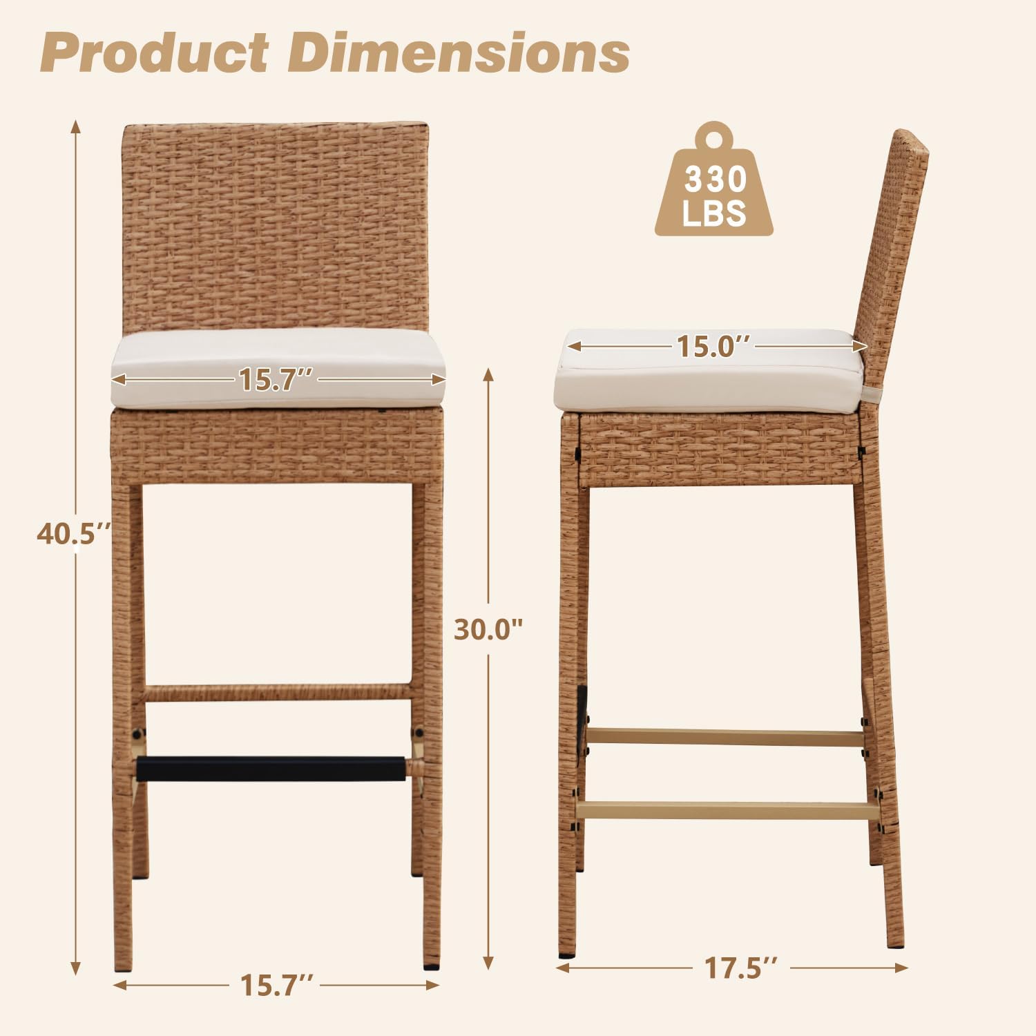 ECOTOUGE Outdoor Bar Stools Set of 2, Wicker Woven Patio Stools & Patio Bar Chairs with Seat Cushion and Cozy Footrest, Rattan Furniture Armless Counter Height for Pool Lawn Porch Backyard, Yellow
