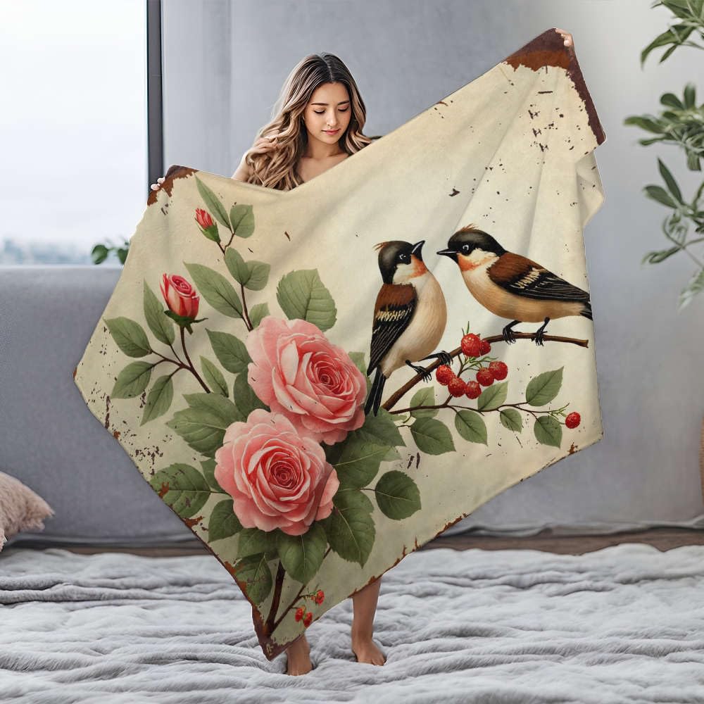 Couverture polaire personnalisée oiseaux et roses, le cadeau de naissance idéal en flanelle