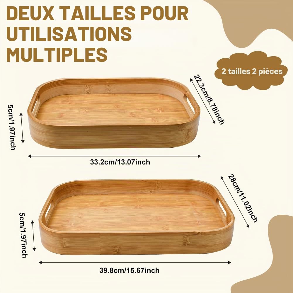 2 Pcs Plateau Bois Rectangulaire, Plateaux Petit-Déjeuner avec Poignées, Plateau Service avec Rebord Surélevé, Plateaux Traiteur Bambou 2 Tailles, pour Cuisine Restaurant Boisson Snack