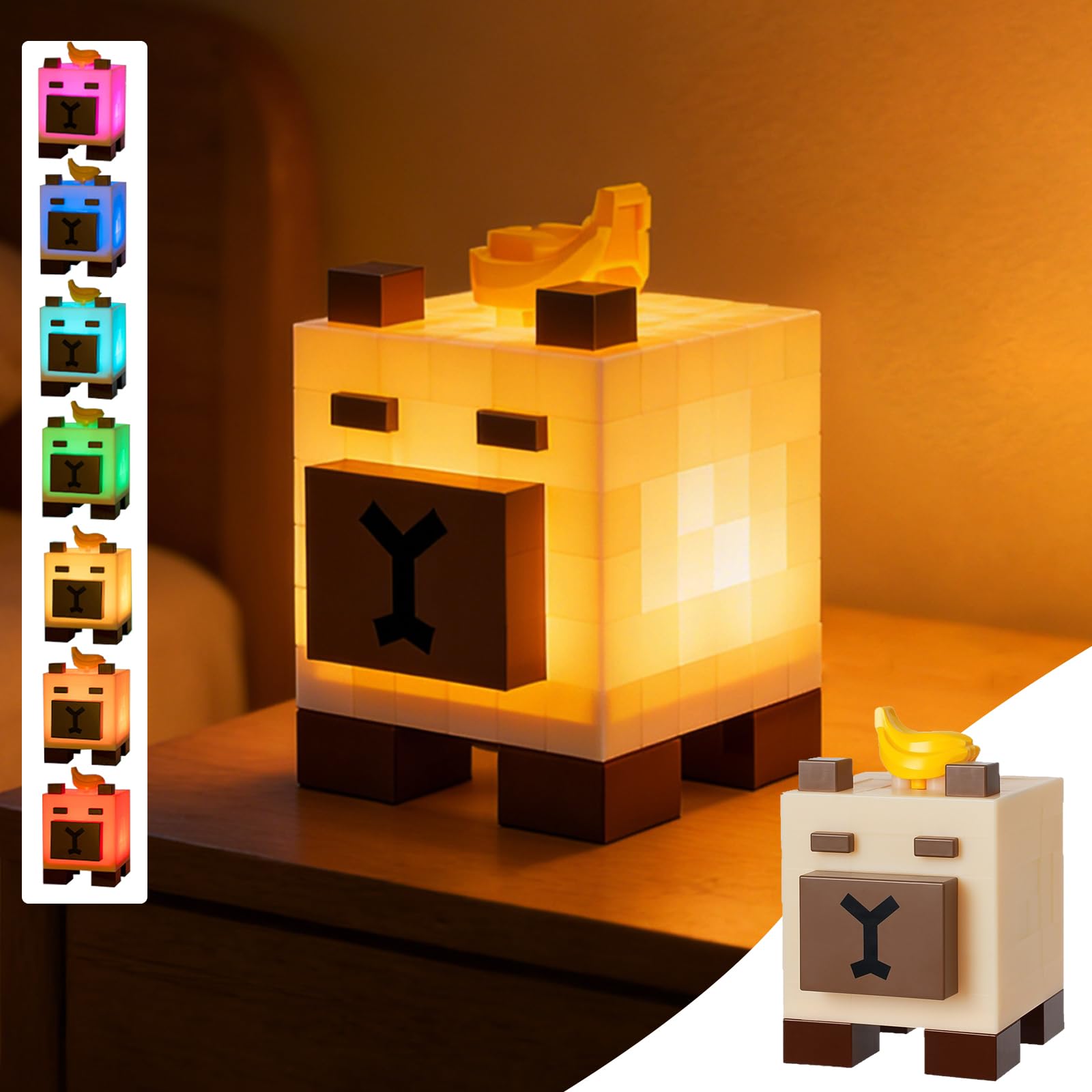 Capybara Pixelated Nachtlicht Kinder, 3000K Warmes Licht 7 Farben Einstellbare LED Helligkeit Akku Stilllicht Nachtlampe Schlafzimmer Deko Aesthetic für DIY Bausteine Gamer Geschenk