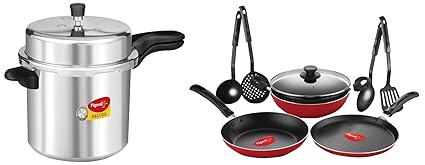 Pigeon by Stovekraft Deluxe Aluminium Pressure Cooker, 10 Litres,Silver & Mio Nonstick Aluminium Cookware Gift Set, 8 Pieces Kitchen Set