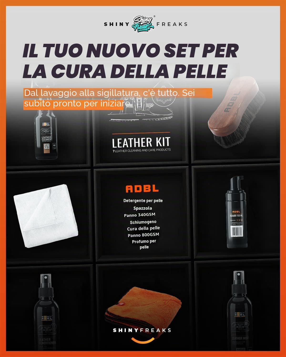 ADBL Set per la cura della pelle: Kit per la pelle - Balsamo per la pulizia e la cura della pelle incl. spazzola e accessori - Pulitore premium, detergente - ideale per i sedili o i divani | 7-pz