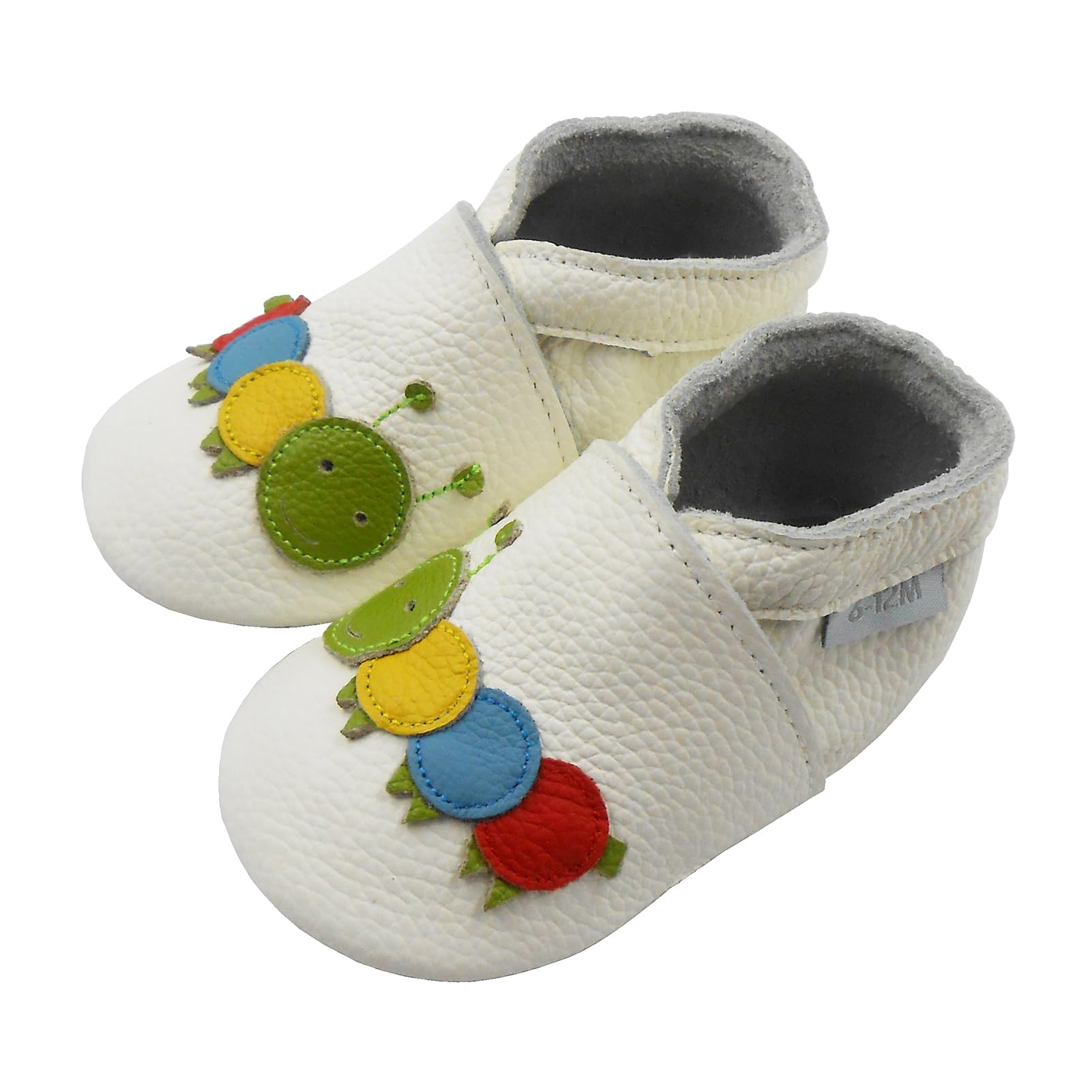 Basrakids Baby Shoes Leather Moccasins Baby Girls Boys Slippers-Soft Sole Non-Skid Lightweight Infant Toddler First Walking Shoes(L, White+Colorful Caterpillar)