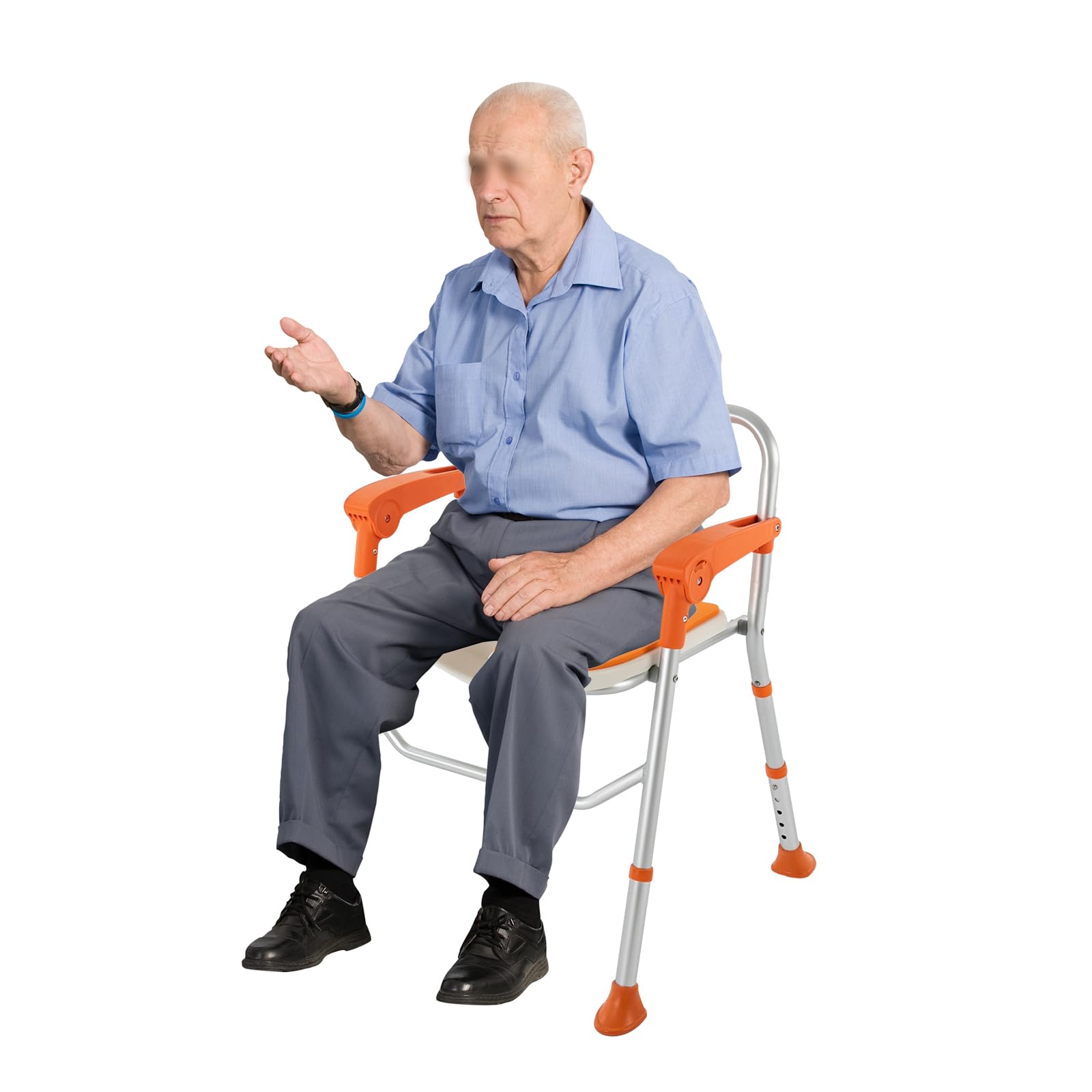 Silla de ducha regulable en altura, con respaldo, reposabrazos que soporta hasta 150 kg, con almohadillas antideslizantes para los pies, altura regulable 39-49 cm, silla de baño extraíble