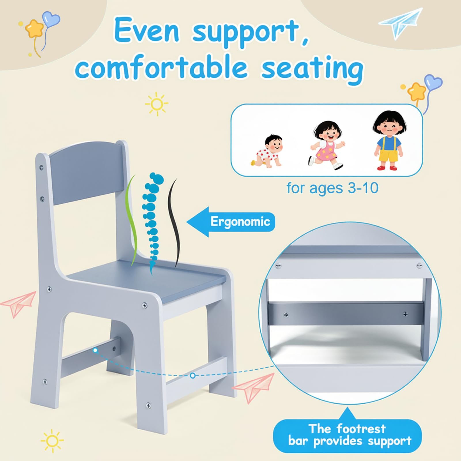 Clevich Lot de 2 chaises pour Enfant 55 x 30 x 28 cm, Chaise de Bureau à partir de 2 Ans, jusqu'à 80 kg, lot avec Repose-Pieds et Dossier incurvé, pour Chambre d'enfant, école, Groupe de sièges