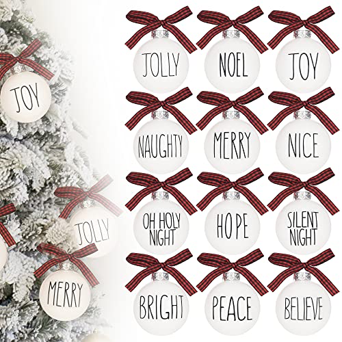 Fusoto 12Pcs Buffalo Plaid Christmas Ornaments - White Ornaments For Christmas Tree Decorations With Red Check Bow - Farmhouse Ornaments Vintage Rustic Decorative Hanging Christmas Balls #TOP6