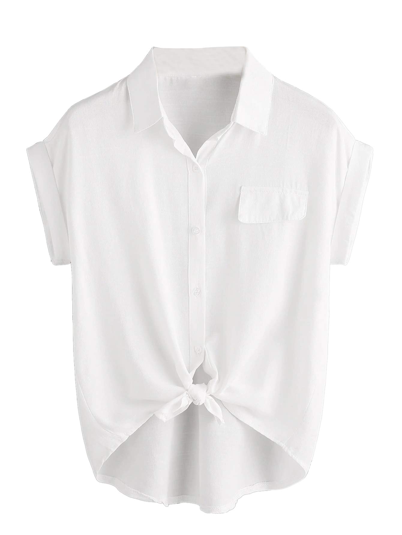 MilumiaWomen Casual Short Sleeve Button Down Collar Shirt Blouse Front Tie Knot Tops