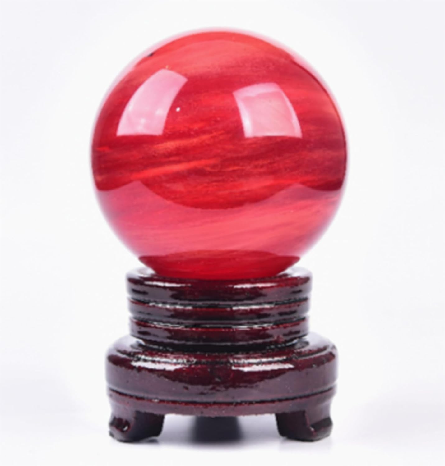 Beautiful Red Clear Smelt Quartz Crystal Ball with Stand, Feng Shui Divination Stone Sphere Sculpture for Home Office Table Display Decoration,8cm