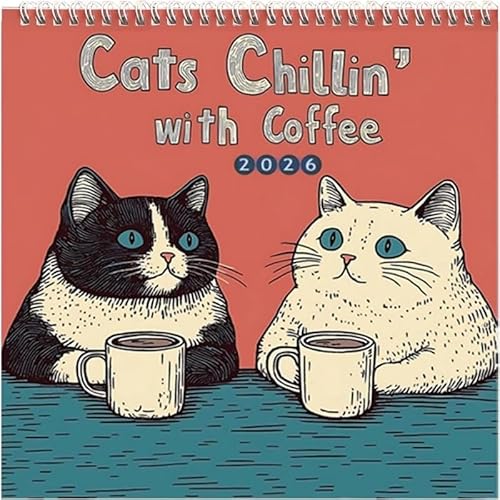 Calendario de pared 2026 Cats Chillin' with Coffee – Planificador mensual divertido de 12 meses...