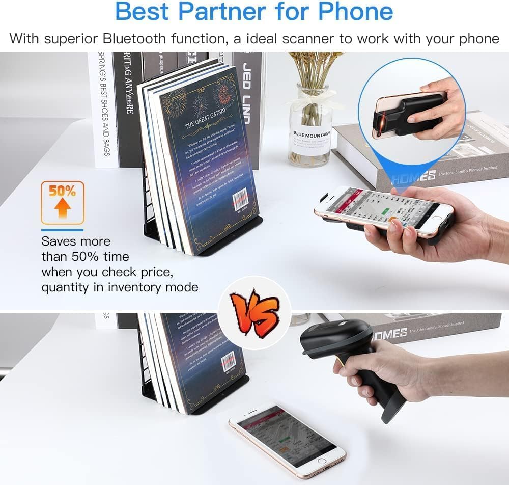 Eyoyo Escáner de Código de Barras Bluetooth, 1D Lector de Código de Barras 2D QR Inalámbrico con Manual de Castellano y Clip Trasero para Móvil, Android, iOS, Biblioteca, Almacén y Supermercado
