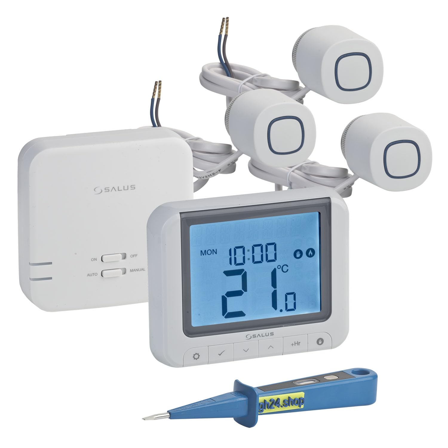 SALUS Controls Heizung Einzelraumregelung Digitaler Funk Raumthermostat mit Empfänger, 3X Stellantrieb und 1x gh24 Phasenprüfer