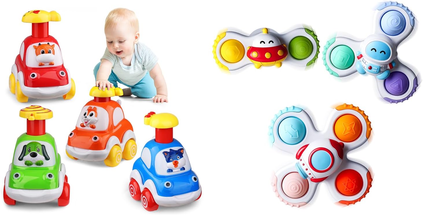 ALASOU 4 PCS Animal Car Toys and 3 PCS Suction Cup Rotating Toys for Infant and Toddlers