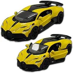 Miniatura de carro Bugatti Divo, Carrinho de ferro, abertura de portas, com fricção, 12,4 CM, Em metal, 1/36, Pneus em borracha, Kinsmart (Amarelo)