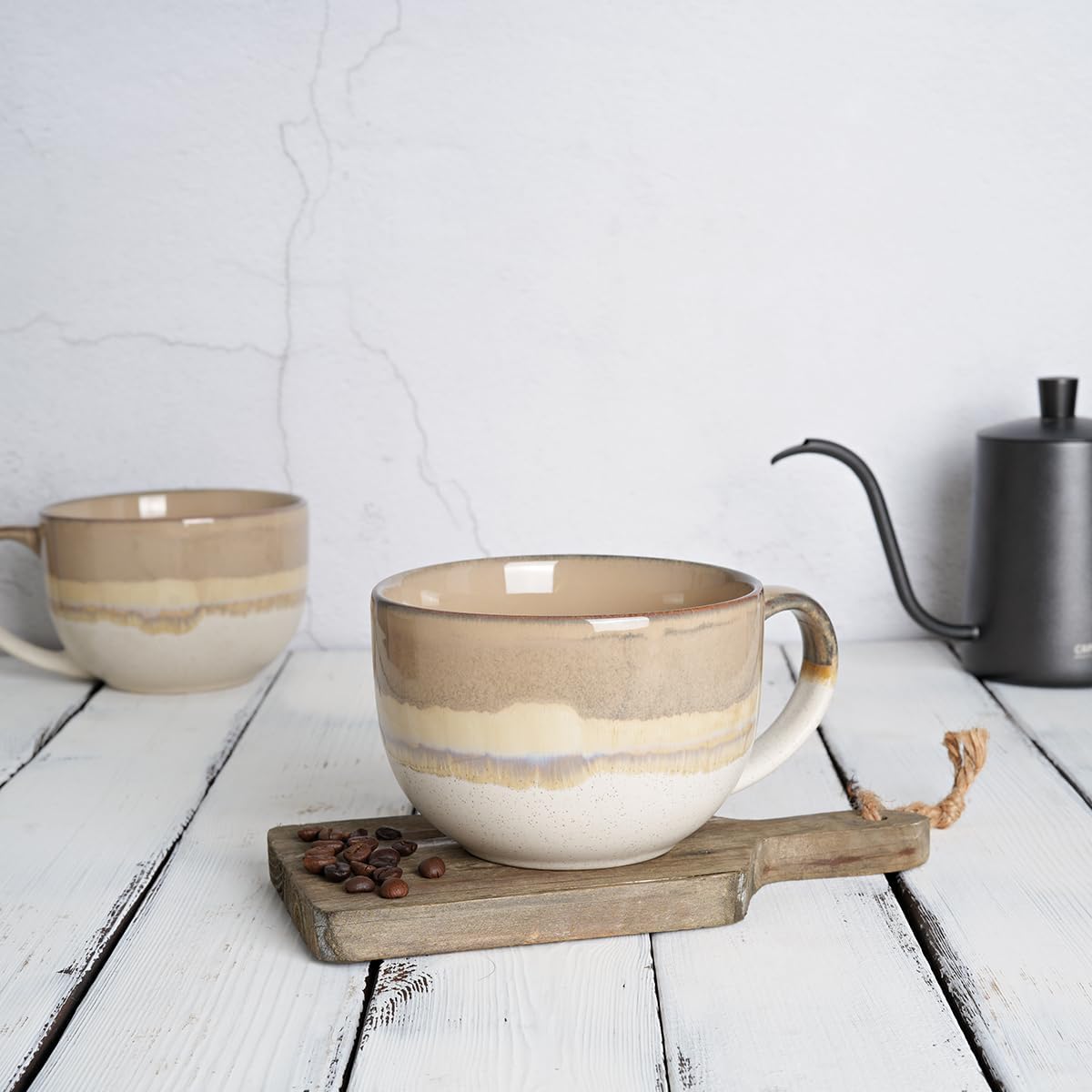 Bosmarlin Ceramic Jumbo Coffee Mug Set of 2, 23 Oz, Large Mug Soup Bowls with Handles, Dishwasher and Microwave Safe (Brown Grey) - Image 4