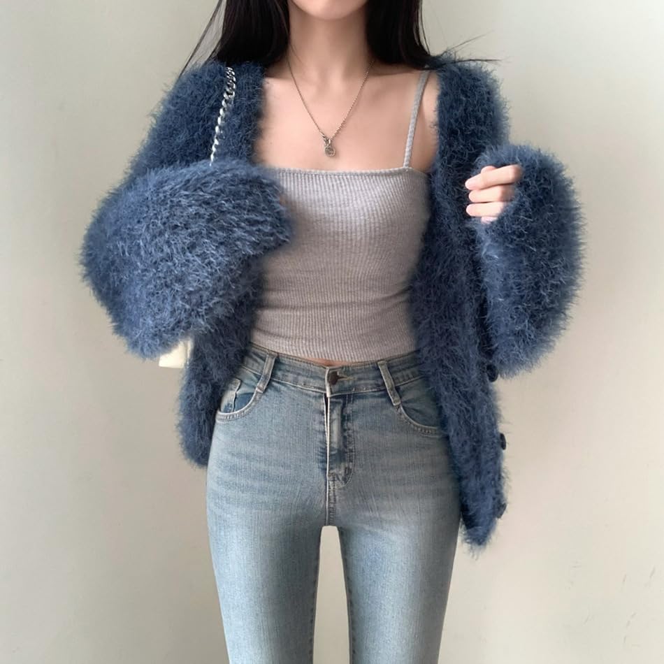 Image of Mohair Cardigan for Women - Fuzzy Open Front Oversized Faux Fur Coquette Sweater