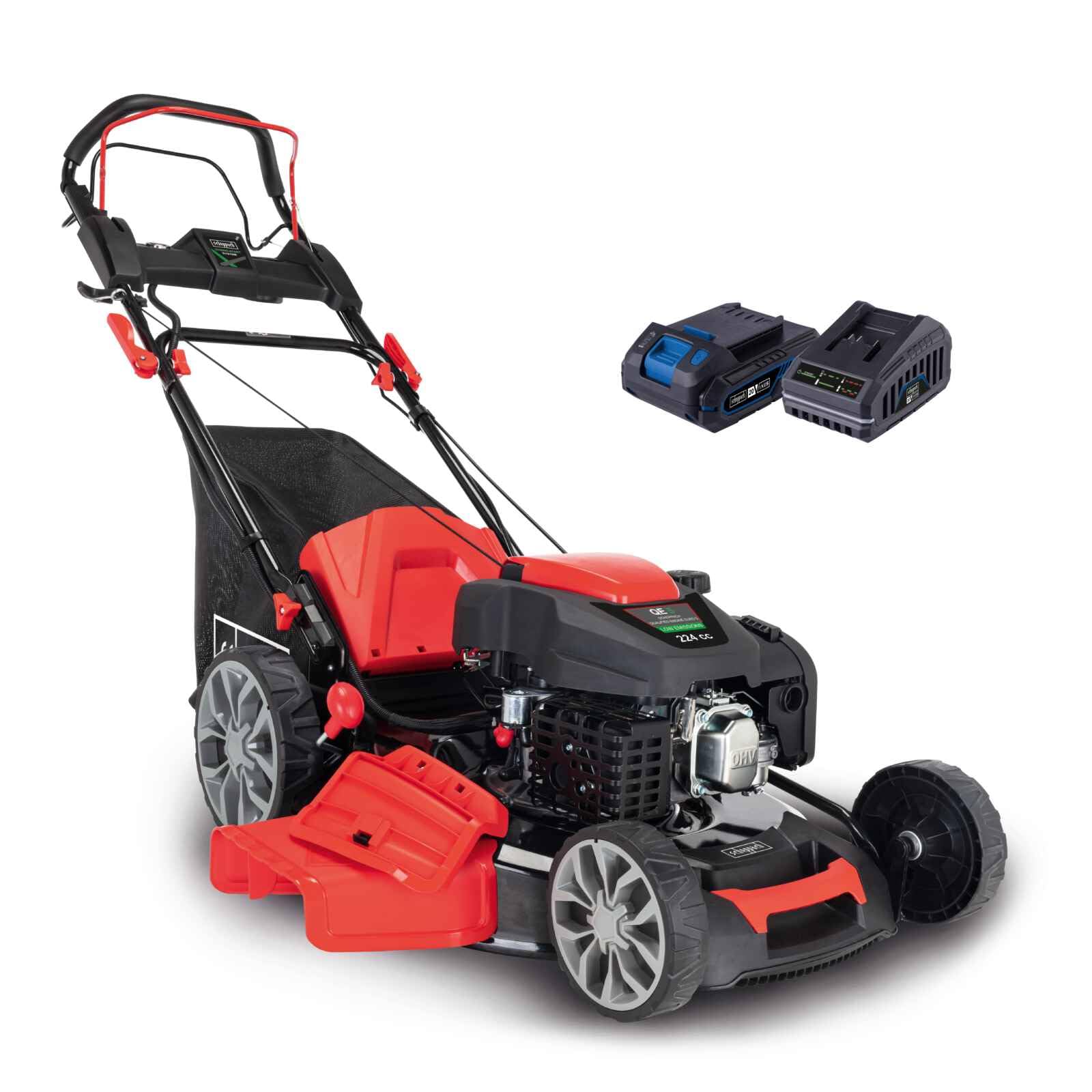 Scheppach Tondeuse à Gazon Hybride MS225-​56E – Tondeuse à Essence – Moteur à Essence 4 Temps de 6 CV / 4,​4 KW – 224 cm³ – Largeur de Coupe 56 cm – Démarrage électrique – Batterie + Chargeur Inclus