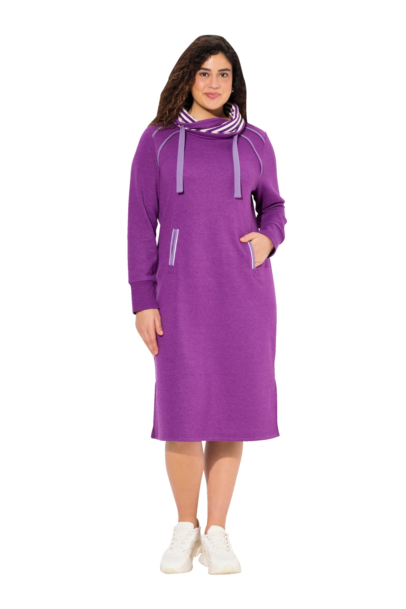 Ulla Popken Damen große Größen Übergrößen Plus Size Sweatkleid, Zierpaspeln, Stehkragen, Langarm, Taschen 832567
