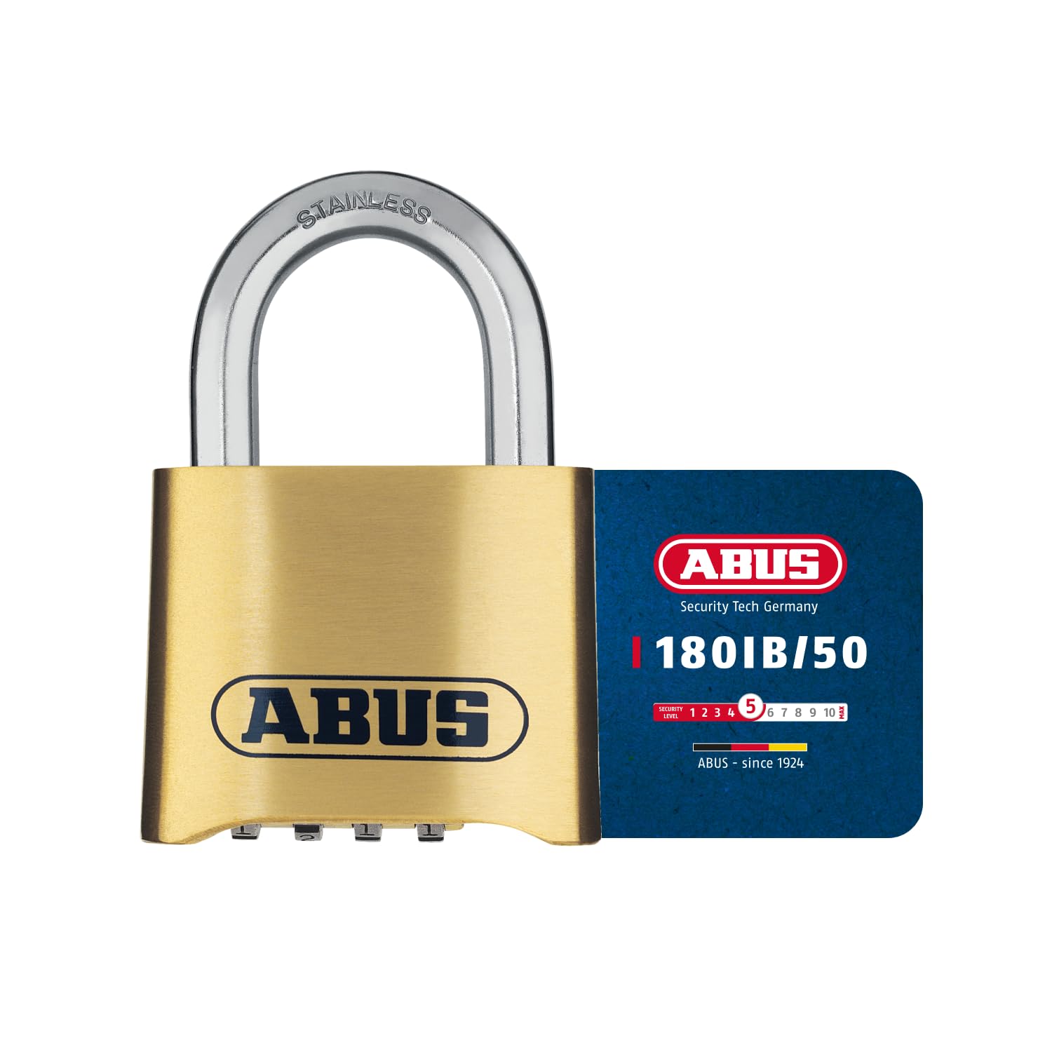 Combination Lock 180IB/50 - Brass Padlock with 4 Digit Code - Weatherproof and Stainless Steel Shackle for Garage, School, Locker, Warehouse - ABUS Security Level 5 - Brass