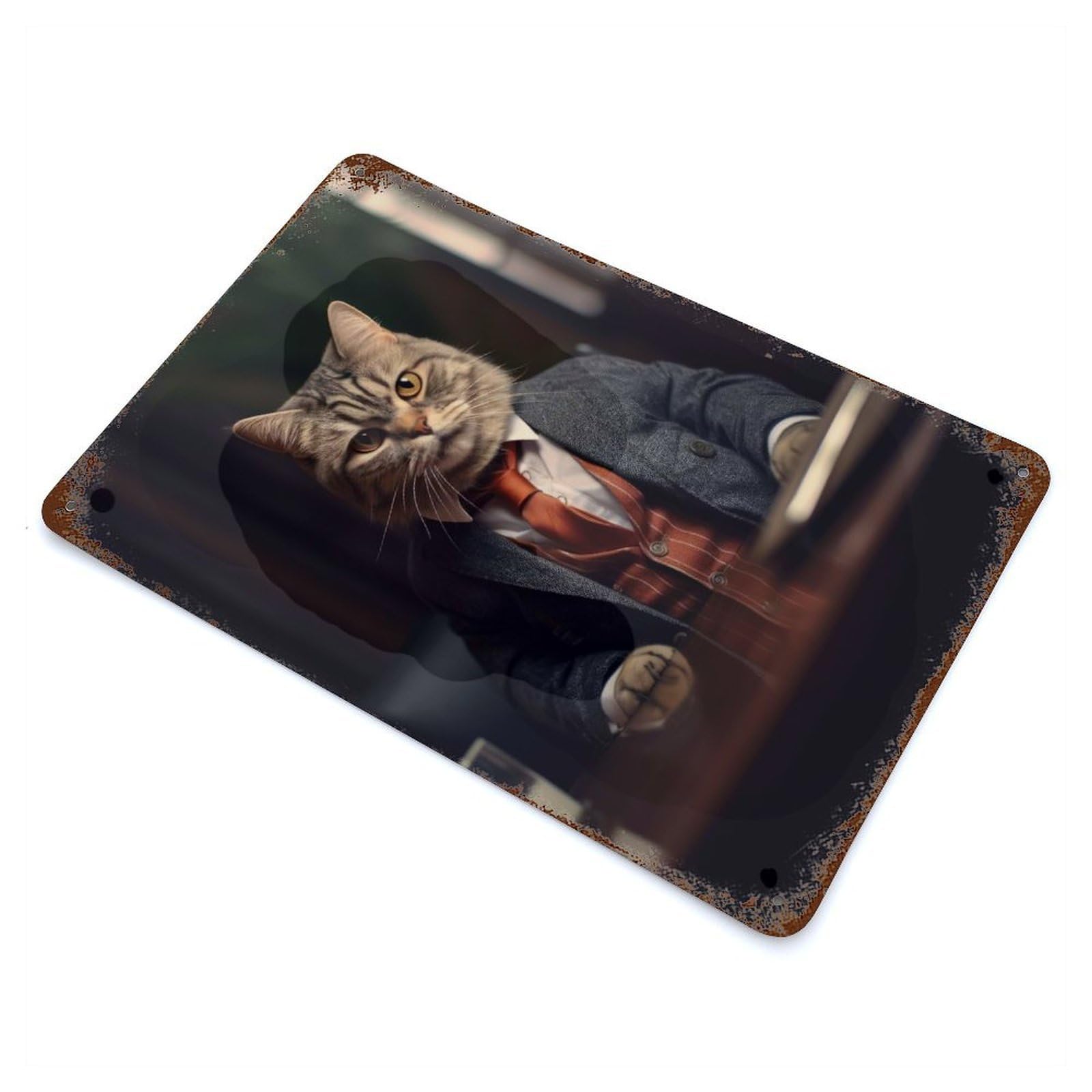 Kitty Cat Wearing A Suit Distressed Metal Wall Sign 11.8"x7.9", Ideal for Garage, Bar And Workshop Decor