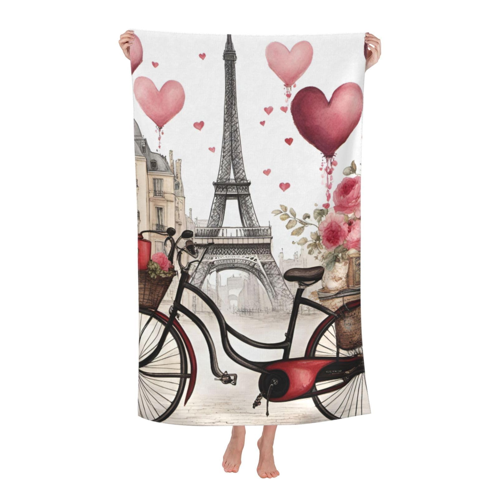 NImongt Love Paris Tower Coffee Wine Perfume Bicycle Heart Print Oversized Adult Beach Towel For Travel Weekend Getaways Festivals Camping Trips