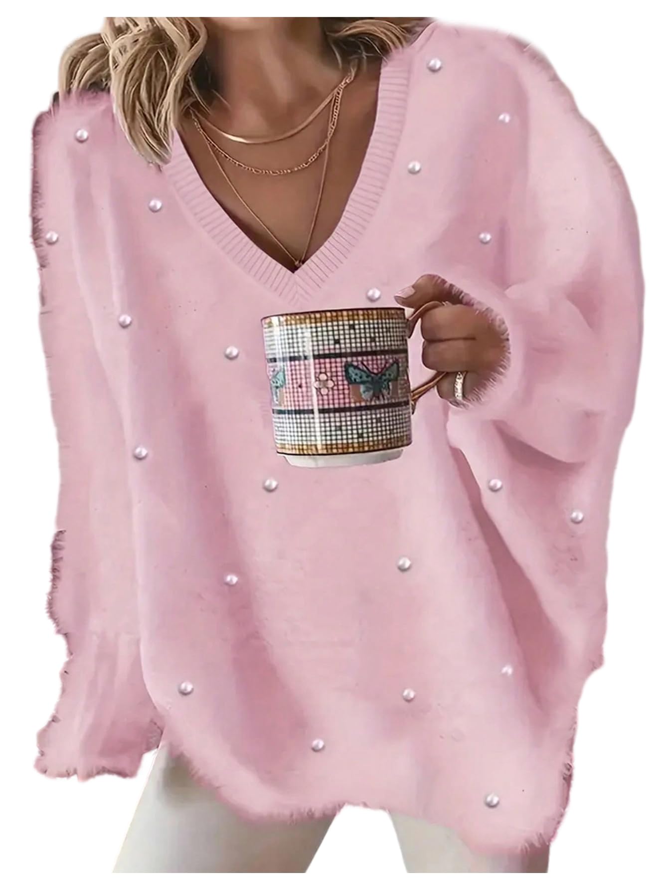 Floerns Womens Plus Size Long Sleeve Sweaters Pearl Beaded V Neck Fuzzy Knit Fall Outfit Pullover Tops