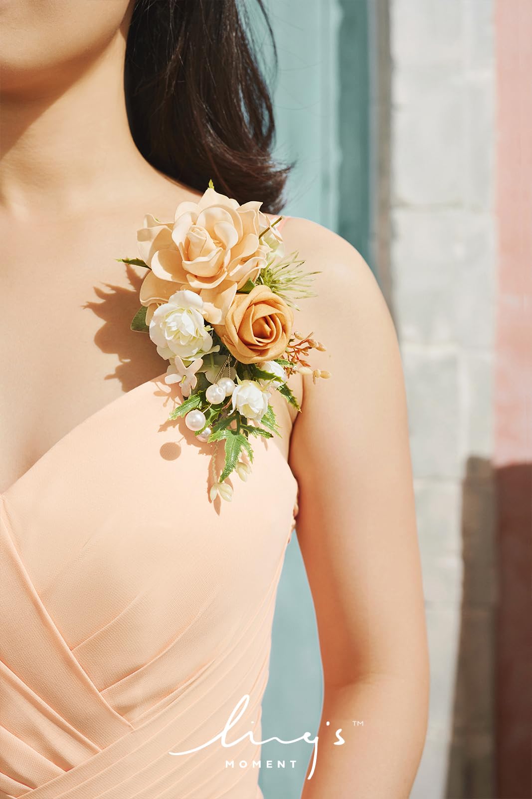 Ling's moment 2er Set Gelb, Orange & Pfirsich Handgelenk-Bouquet, Künstliche Blumen für Hochzeit | 2 Stück, künstliche Blumen, Mädchen/Mutter, Heimkehr/Hochzeits-Armbanddekoration