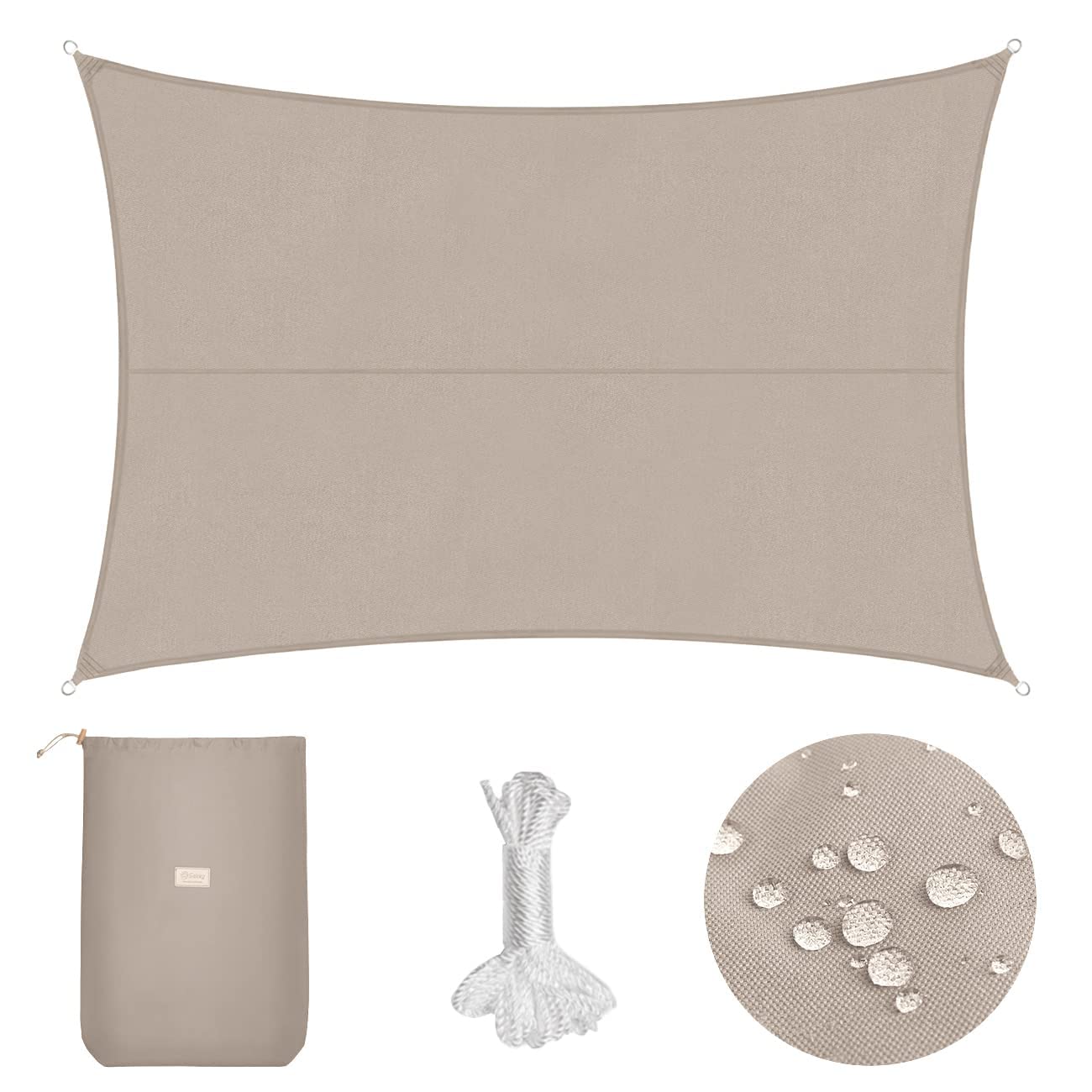 Sekey Sonnensegel Wasserdicht 3x4m Rechteckig PES Polyester, Sonnenschutz 95% UV Schutz Windschutz Reißfest Wetterfest, für Balkon Garten, mit Ösen und Befestigungsseile, Taupe