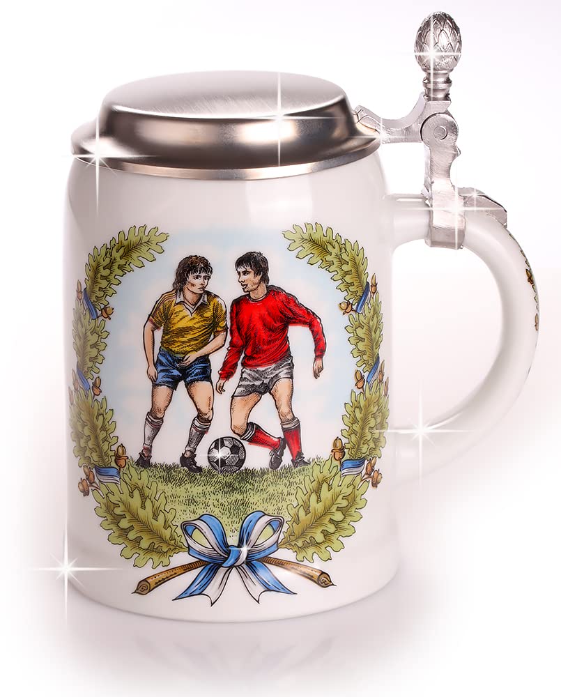 Bierkrug für Fußballer mit Zinndeckel, Porzellankrug-Gravurfähig